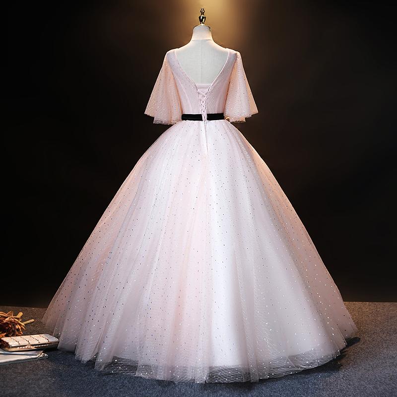 Lovely Pink Short Sleeves Tulle Ball Gown Shiny Sweet 16 Dress prom dress evening dress cg21034