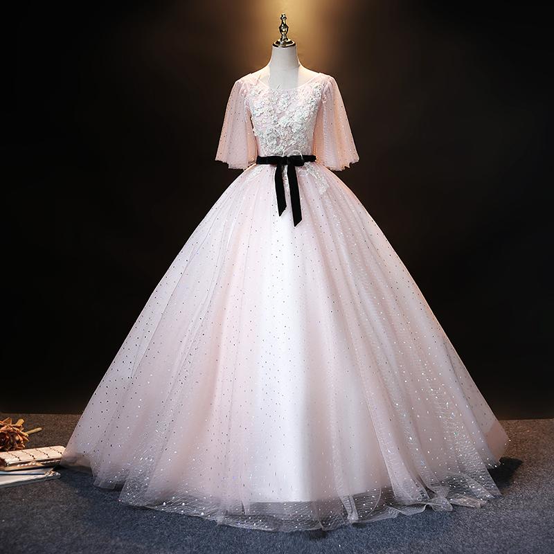 Lovely Pink Short Sleeves Tulle Ball Gown Shiny Sweet 16 Dress prom dress evening dress cg21034