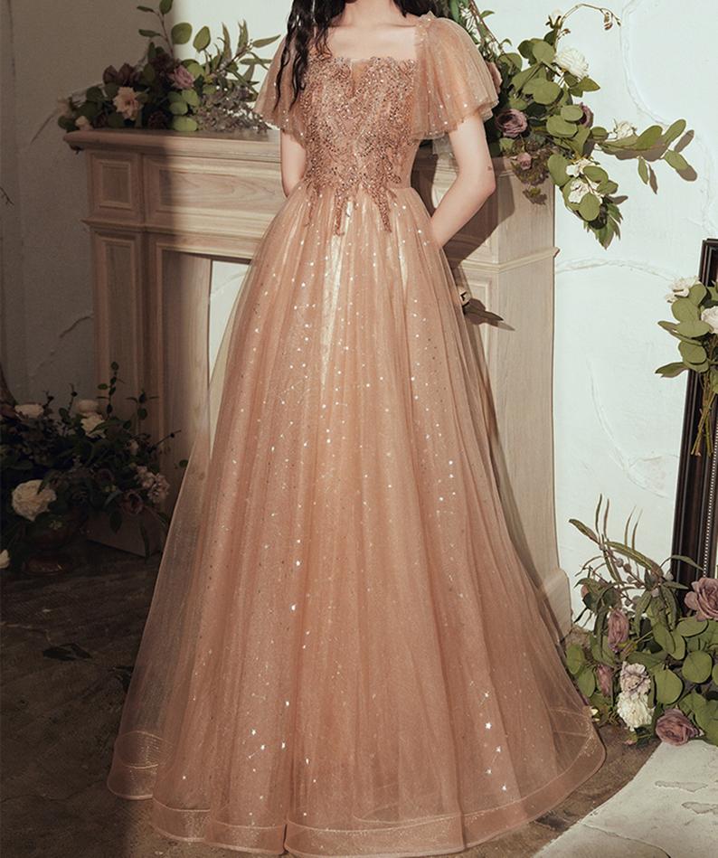 Star Moon Prom Dress Applique Long Evening Dress Square Neck Party Dress cg21043