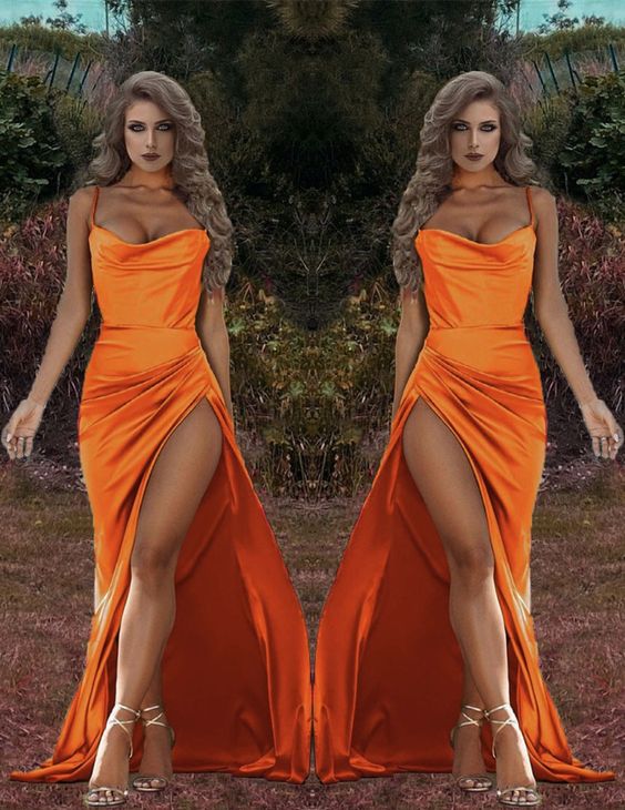 Erstaunliche Meerjungfrau Satin orange Brautjungfernkleider Bein Schlitz Spaghettiträger mit Wasserfallausschnitt Ballkleid, Abendkleid cg21056