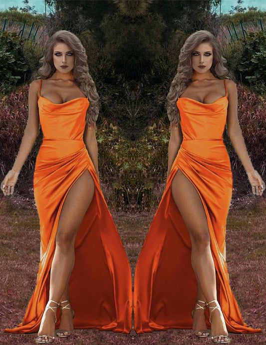 Erstaunliche Meerjungfrau Satin orange Brautjungfernkleider Bein Schlitz Spaghettiträger mit Wasserfallausschnitt Ballkleid, Abendkleid cg21056