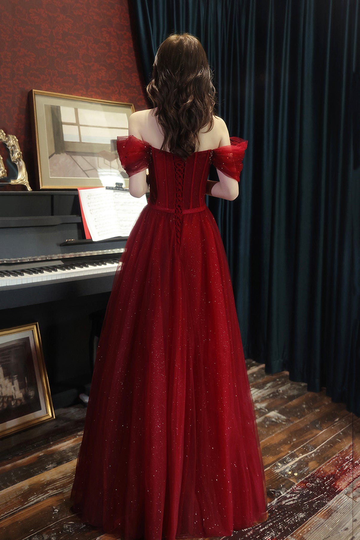 BURGUNDY TULLE LONG A LINE PROM DRESS EVENING DRESS cg21059