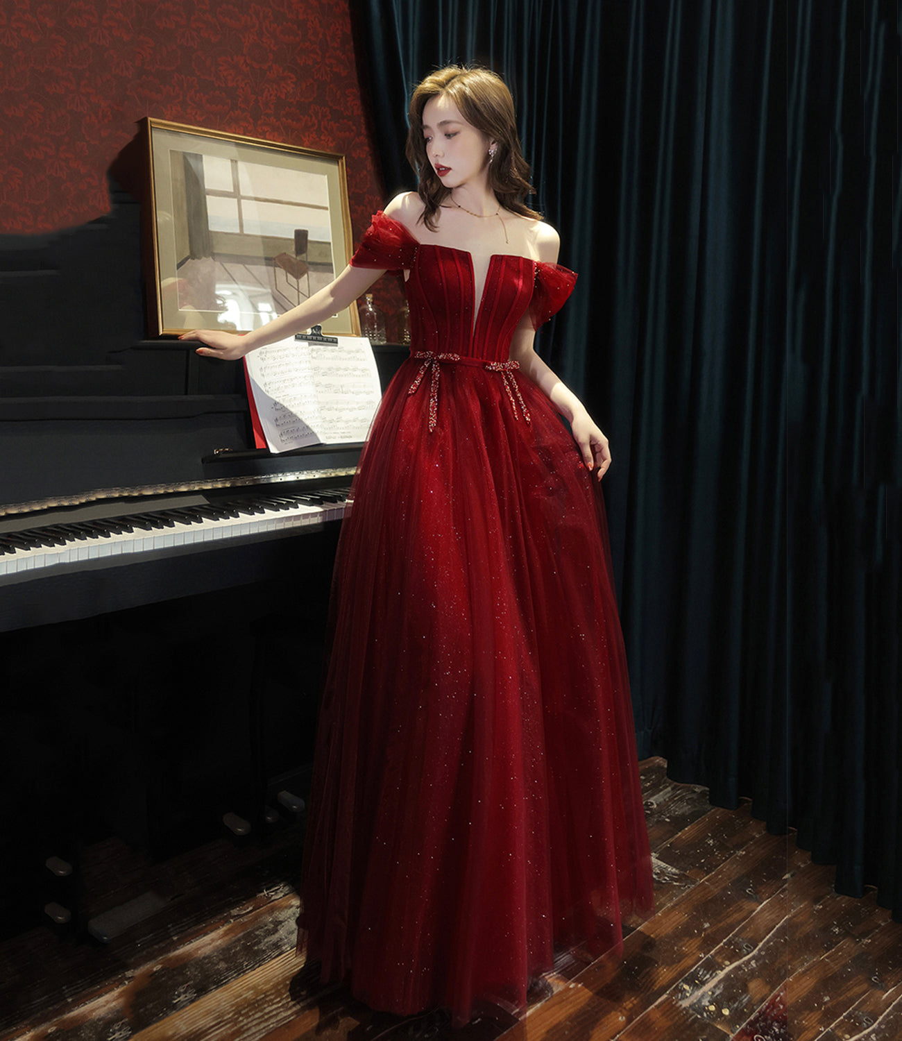 BURGUNDY TULLE LONG A LINE PROM DRESS EVENING DRESS cg21059