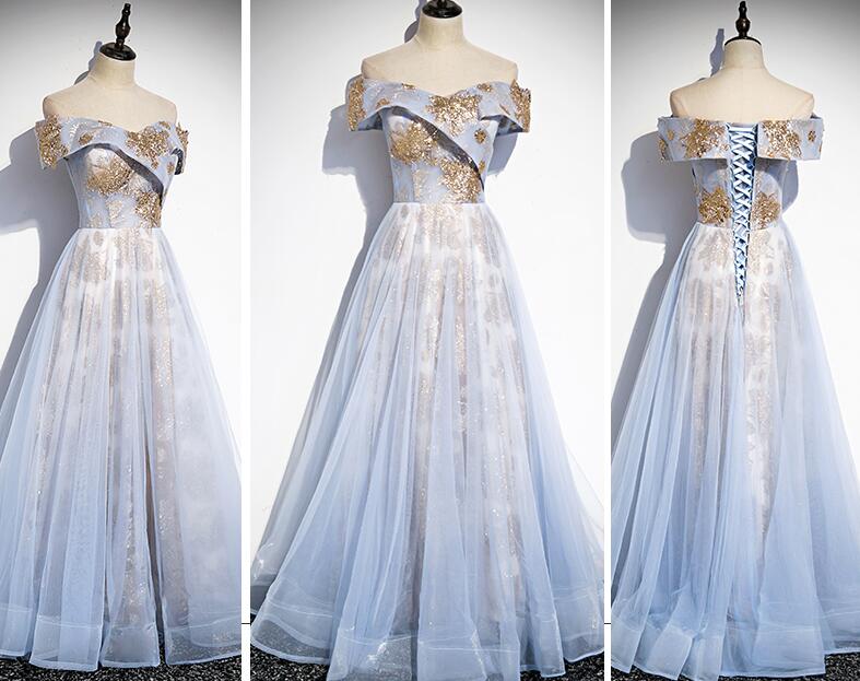 Light Blue Tulle With Gold Sequins Off Shoulder Prom Dress cg21075