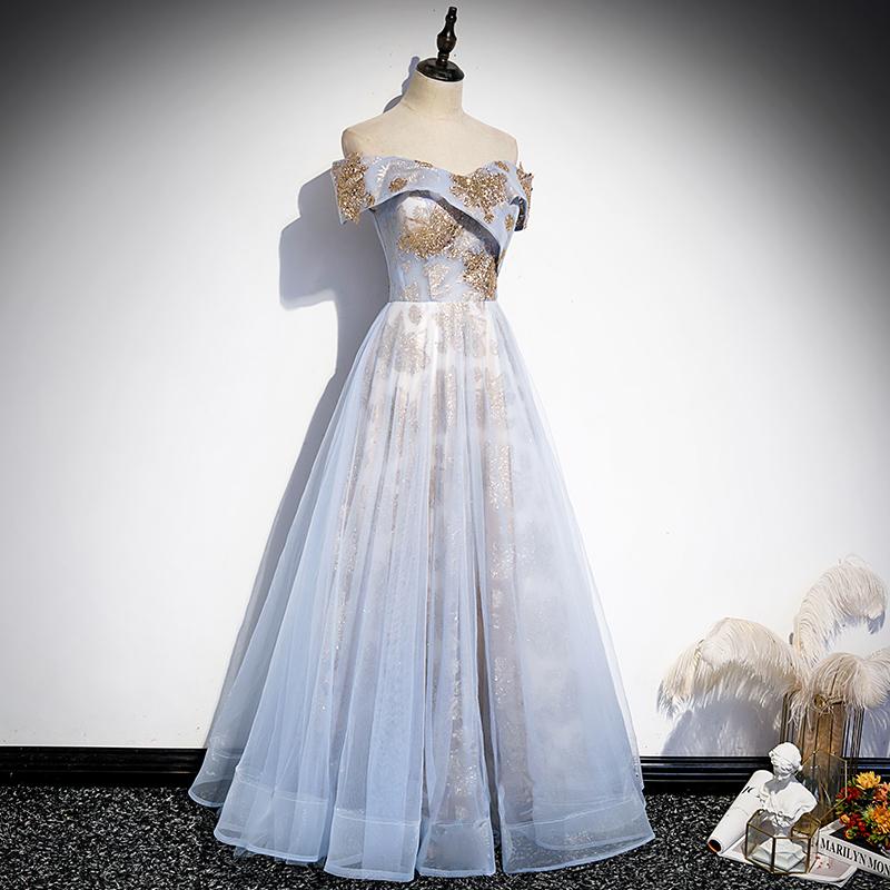 Light Blue Tulle With Gold Sequins Off Shoulder Prom Dress cg21075