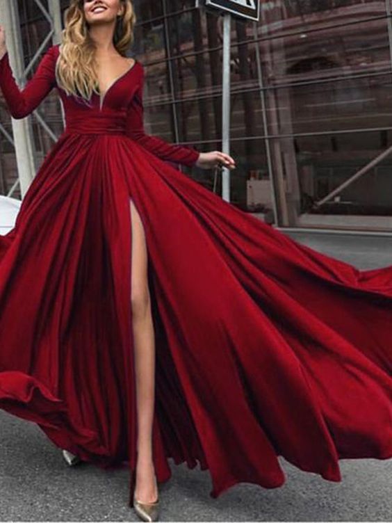 Split-Front Long Sleeves V-Neck Prom Dress cg21076