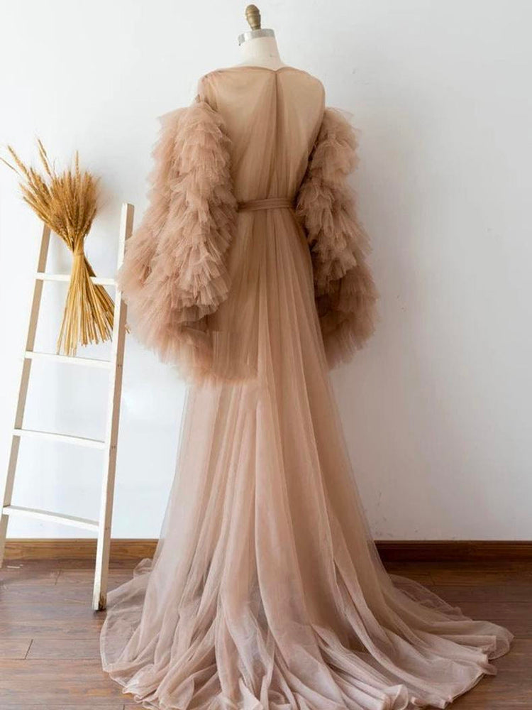 Champagne Tulle Maternity Women Dresses Ruffles Tiered Long Sleeves Full Sleeves Tulle Robe Women prom Dress cg21082