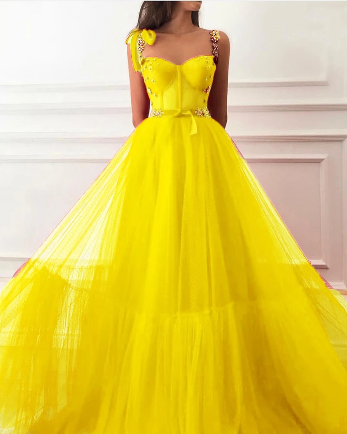 Ball Gown Scoop Floor-length Sleeveless Tulle Yellow Prom Dress/Evening Dress cg21086