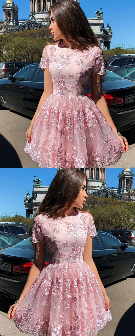 Süße A-Linie Rundhalsausschnitt Flügelärmel Rosa Spitze Kurze Homecoming Kleider cg211