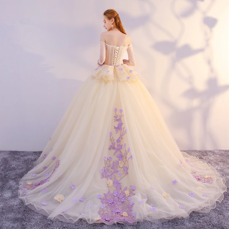 Unique Champagne Tulle Ball Gown With Lavender Flowers Formal Dress, Sweet 16 Dresses prom dresses cg21110