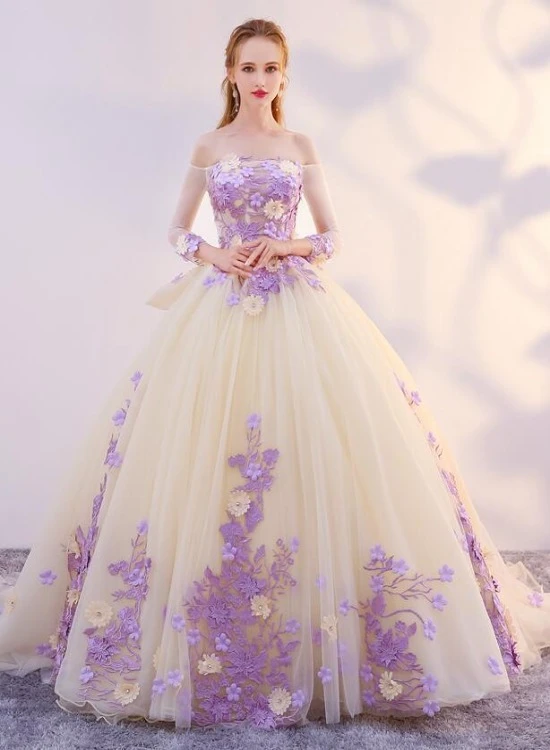 Unique Champagne Tulle Ball Gown With Lavender Flowers Formal Dress, S classygown Unique Champagne Tulle Ball Gown With Lavender Flowers Formal Dress, S classygown