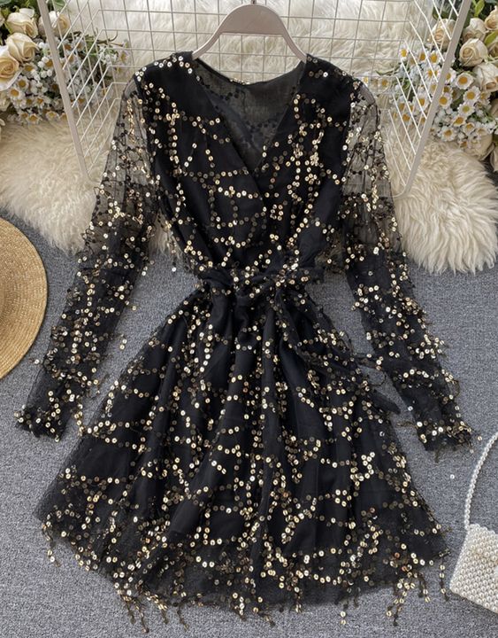 A line v neck tulle sequins dress long sleeve dress Homecoming Dress cg21122