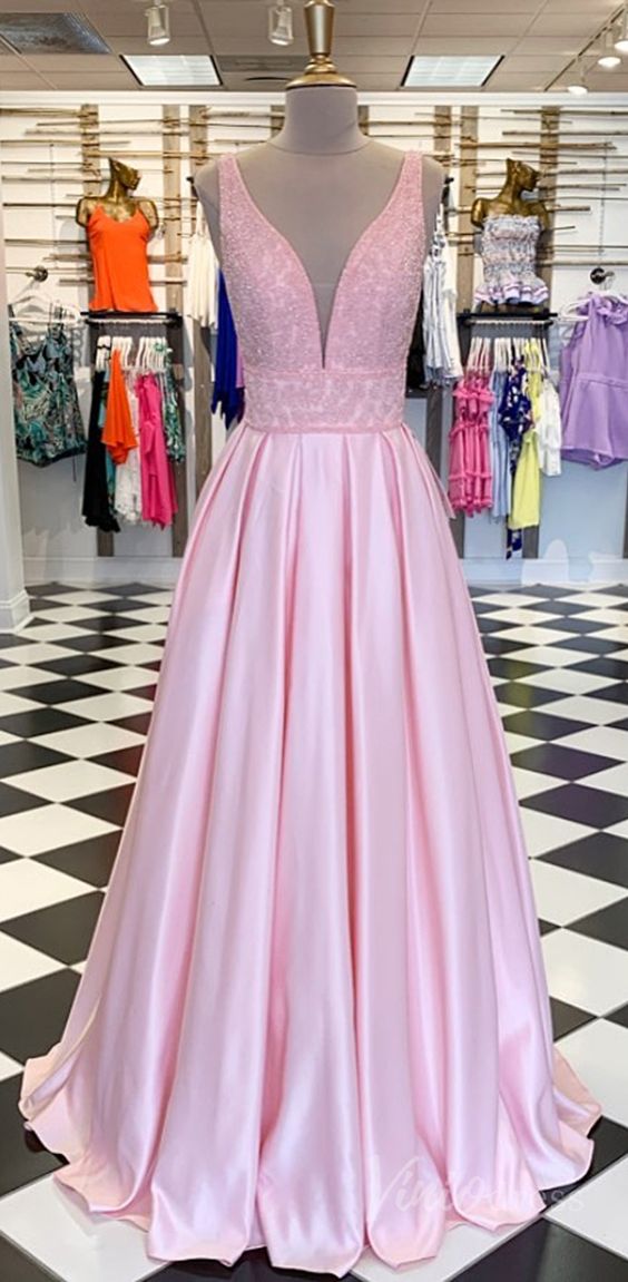 Pink satin prom dress plunging V-neck formal dress cg21137