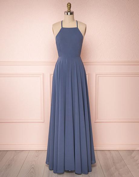 Schlichtes rückenfreies Chiffon-Langballkleid, Chiffon-Abendkleid, blaues Brautjungfernkleid cg2114