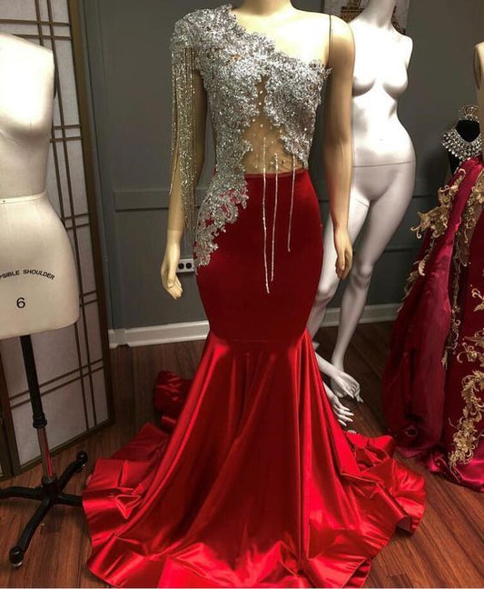Luxuriöses Abendkleid aus rotem Satin mit Kristallperlen und einer Schulter, Meerjungfrau-Abschlussballkleid cg21146