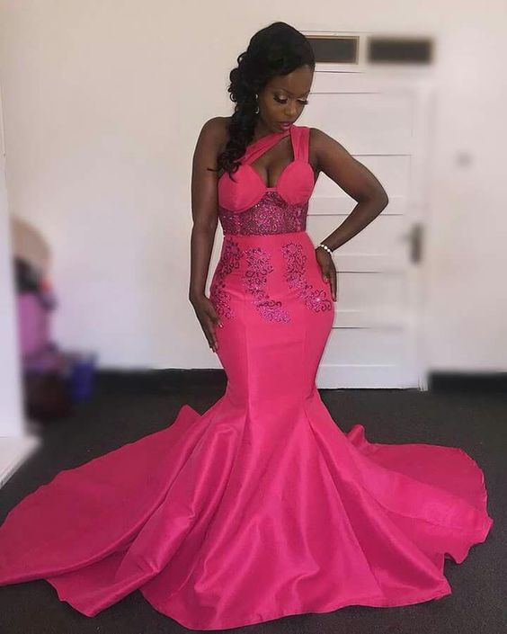 Hot Pink Fuchsia Mermaid African Girl Black Girl Prom Dresses One Shoulder Appliques Evening Formal Gowns cg21147