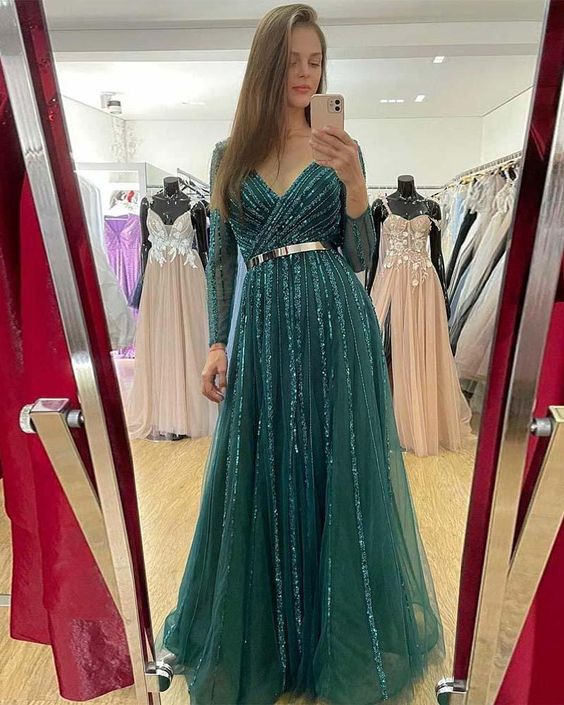 Elegant Emerald Green Long Sleeve Evening Dresses V Neck Tulle Sequins Women Party Gowns Prom Dress cg21155