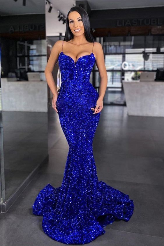 Sweetheart Mermaid Style Royal Blue Sequins Velvet Long Dresses Formal classygown