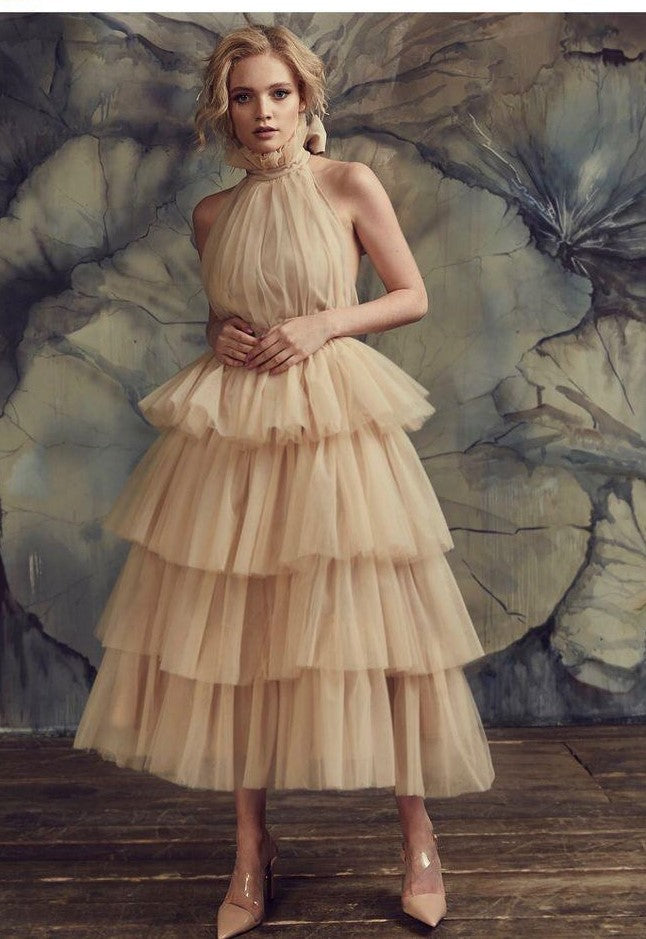 Tulle High-Neck Champagne Prom Gown with Tiered Skirt cg21168 Tulle High-Neck Champagne Prom Gown with Tiered Skirt cg21168