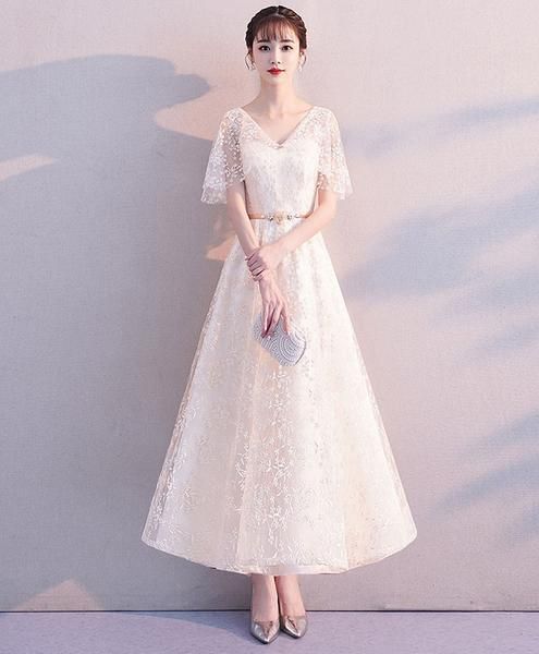 Beiges Tüll-Spitzen-Ballkleid, Tüll-Spitzen-Brautjungfernkleid cg2117
