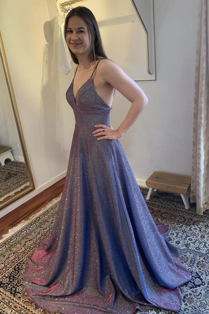 Blue v neck long A line prom dress evening dress cg21178