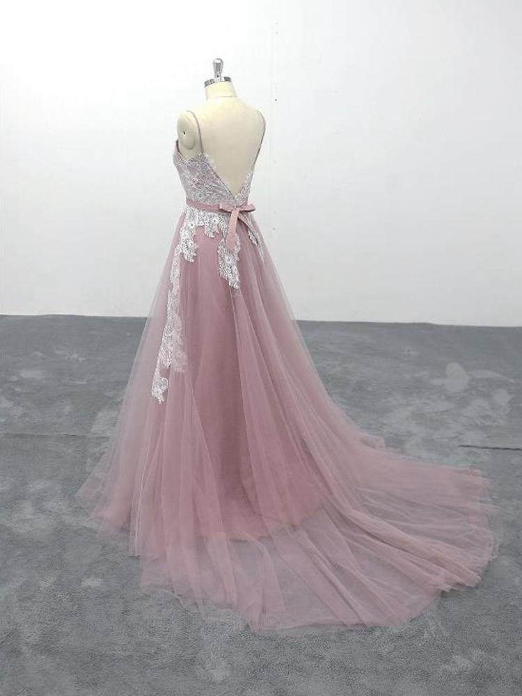 Pink Tulle V-Neck Spaghetti Straps Bridal Gown Prom Dress cg21181
