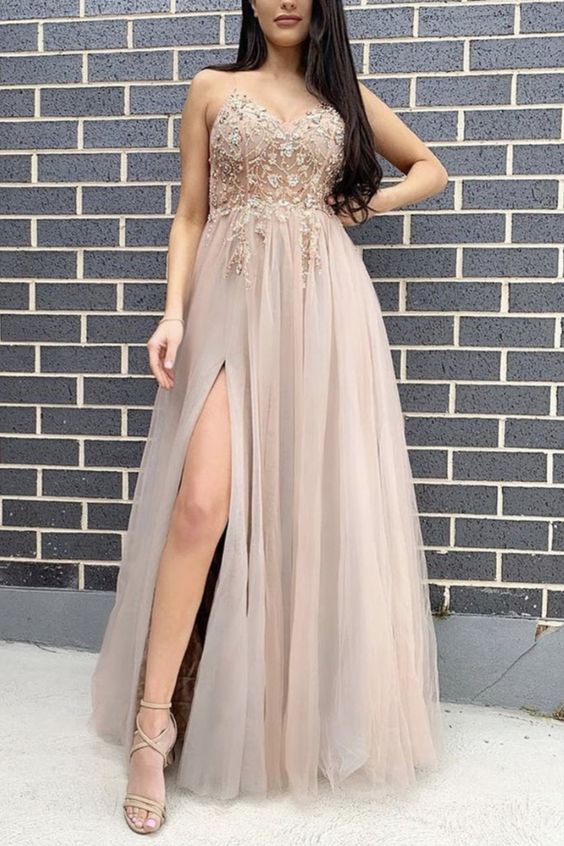 Beautiful Tulle Prom Dresses Floor Length Evening Gown Embroidery Beaded V Neck Spaghetti Straps With Leg Split cg21202