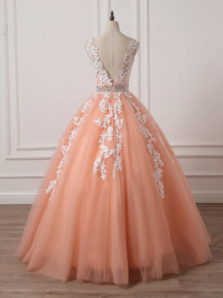 Charming Coral Princess V-Neckline Formal Dress, Lace Applique Beaded Prom Dress cg21219