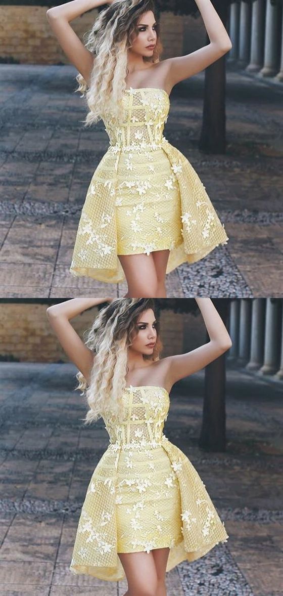Gelbe trägerlose Appliques Homecoming Kleider, kurze Cocktailkleider cg2123