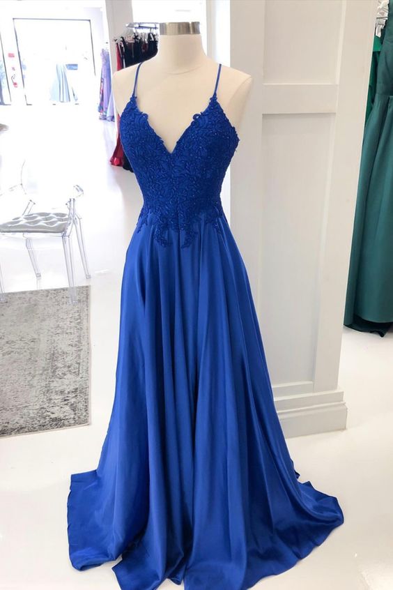 Blaues langes A-Linien-Ballkleid aus Satinspitze cg21233