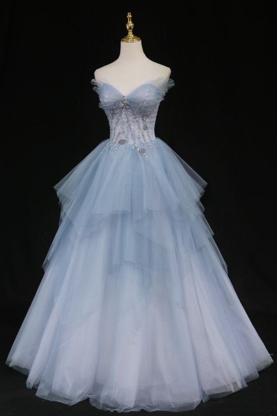 Formal Prom Dresses Strapless Blue A-line Tulle Formal Gown cg21257