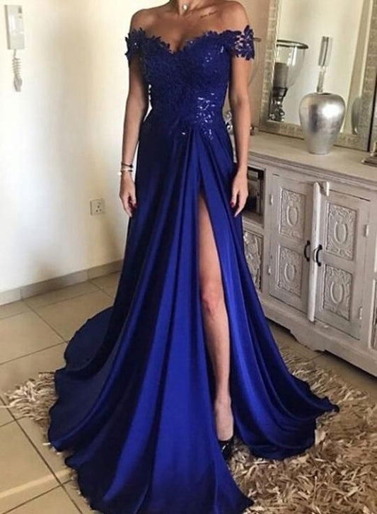 königsblaues Ballkleid, schulterfreies Ballkleid, bezauberndes Ballkleid mit Spitze und Schlitz cg2126