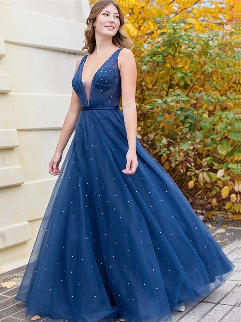 A Line V Neck Beaded Navy Blue Long Prom Dresses, V Neck Dark Blue Tul classygown A Line V Neck Beaded Navy Blue Long Prom Dresses, V Neck Dark Blue Tul classygown