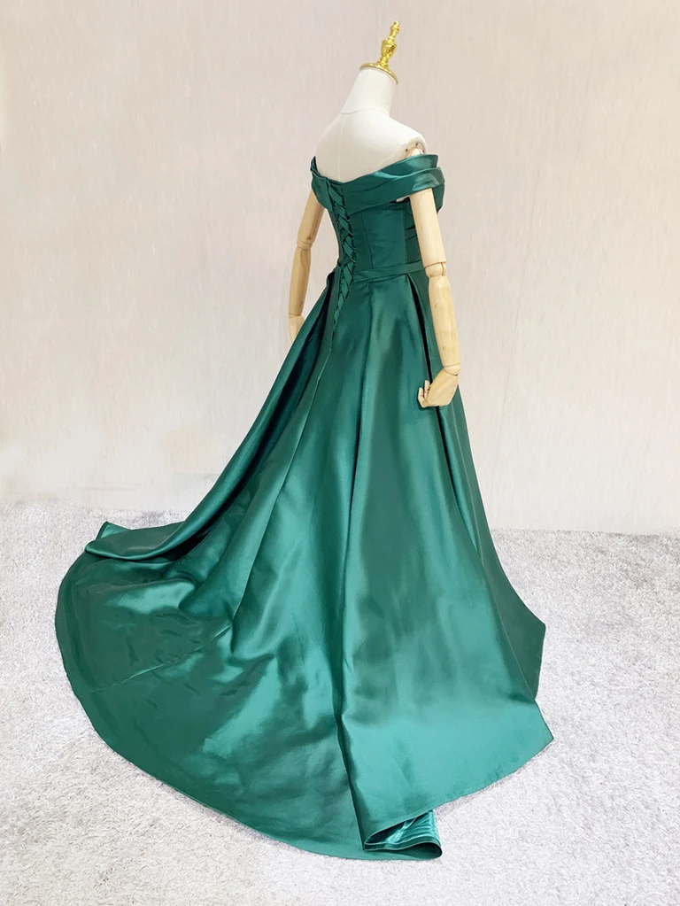 Dark Green A-Line Sweetheart Off Shoulder Satin Junior Prom Dress, Green Wedding Party Dress cg21264