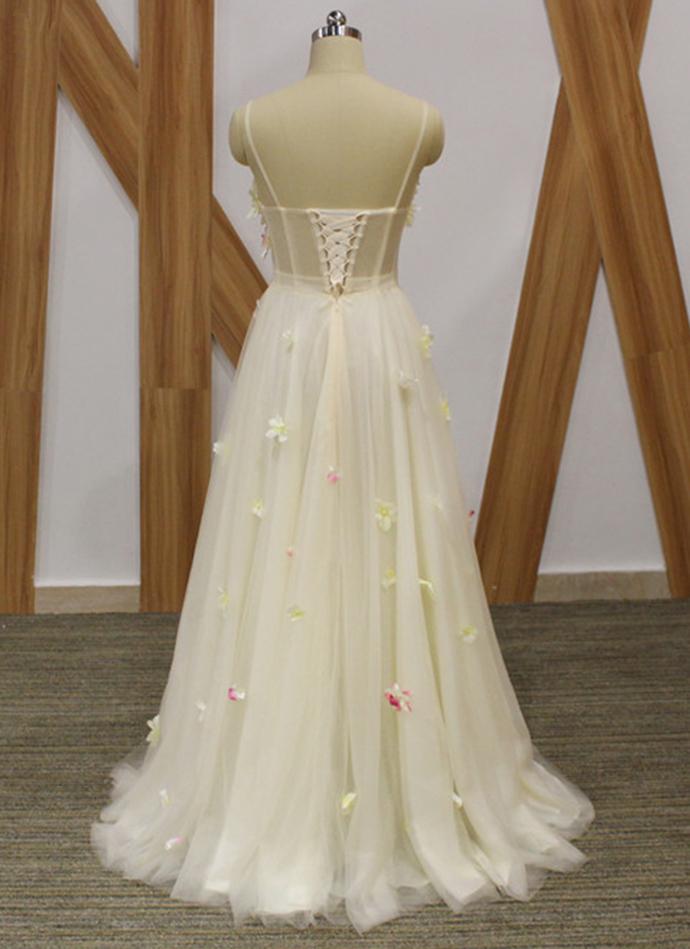 Ivory Tulle Spaghetti Straps Long 3D Lace Applique Senior Prom Dress, Evening Dress, cg21269