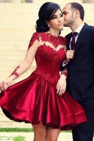 Kurzes Homecoming-Kleid, Burgunderkleid, Langarmkleid, Hochzeitspartykleid cg213