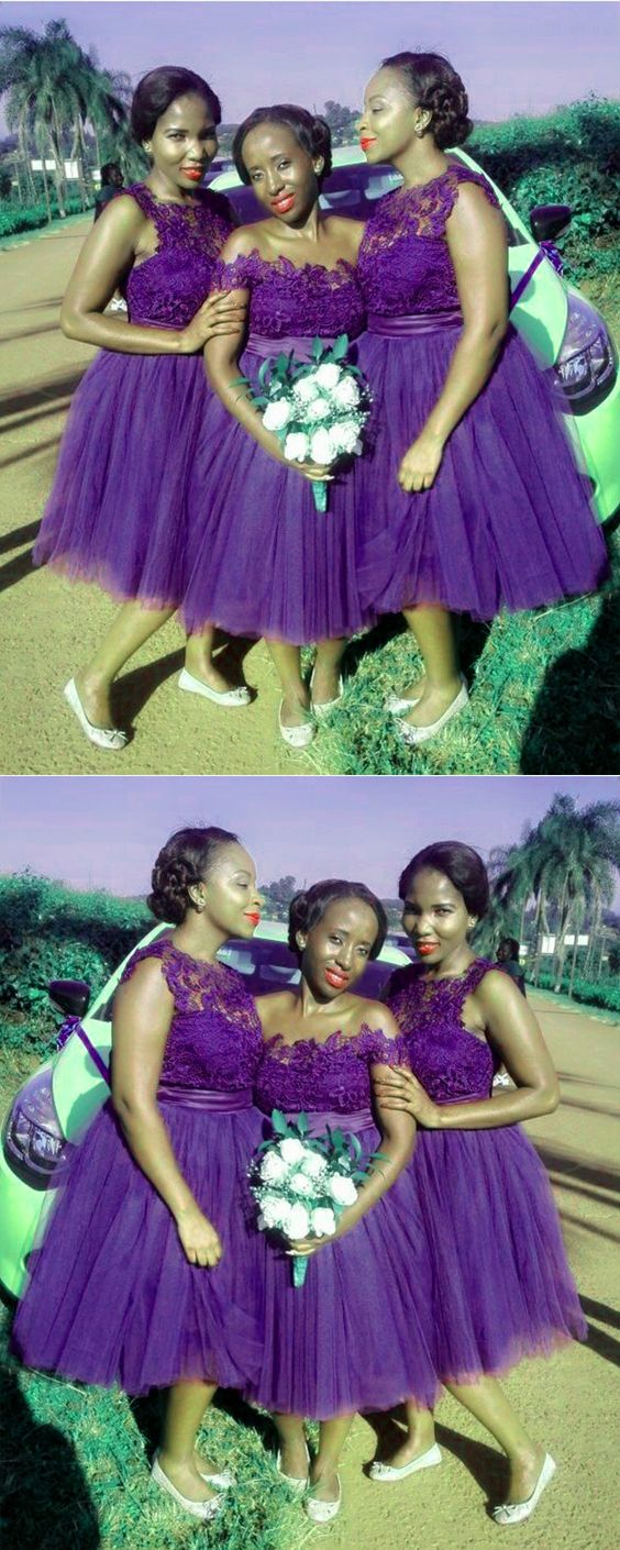 Vintage Purple Bridesmaid Dresses Tea Length Lace Appliques With Ruffl classygown Vintage Purple Bridesmaid Dresses Tea Length Lace Appliques With Ruffl classygown