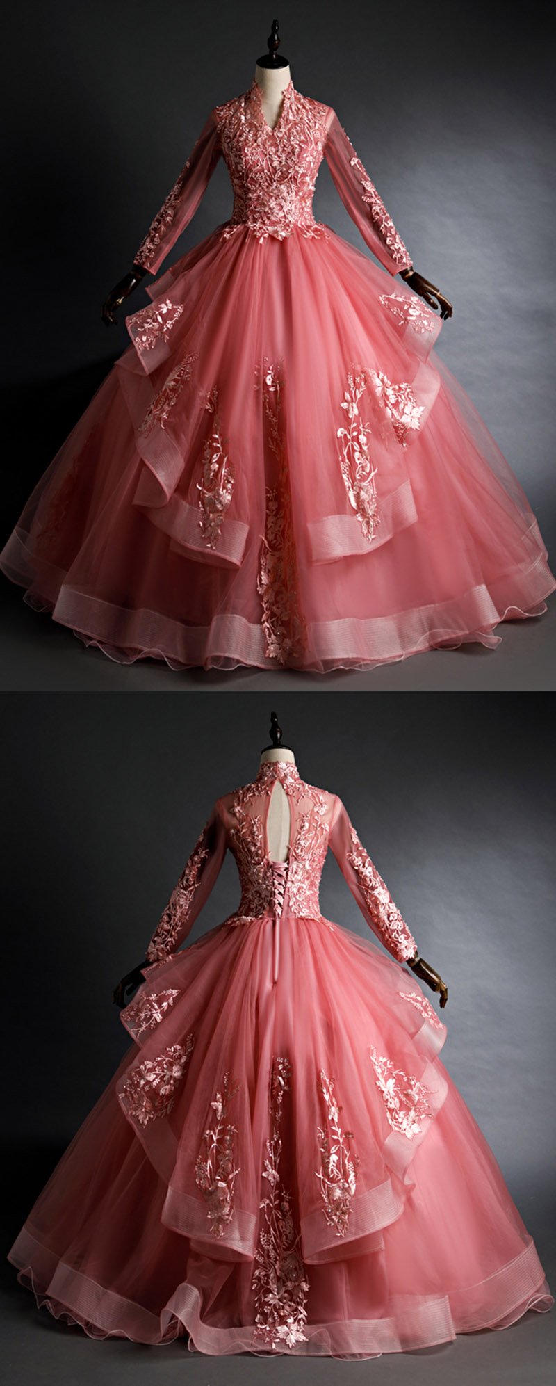 Pink High Neck Long Sleeves Vintage Quinceanera Dress Girls Debutante higSweet 15 Party Prom Dresses with Lace Appliques cg21307