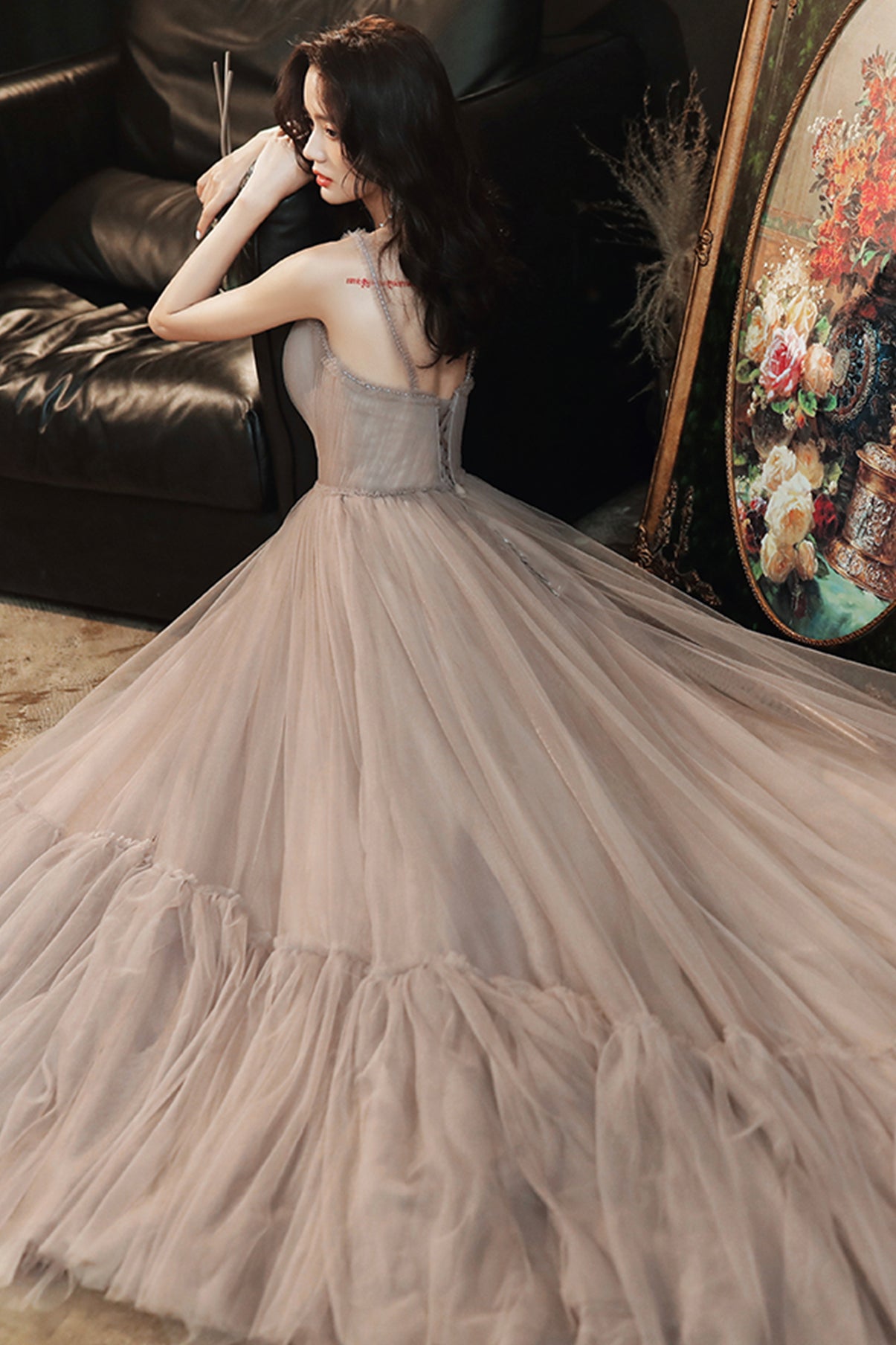 STYLISH V NECK TULLE LONG A LINE PROM DRESS EVENING DRESS cg21311