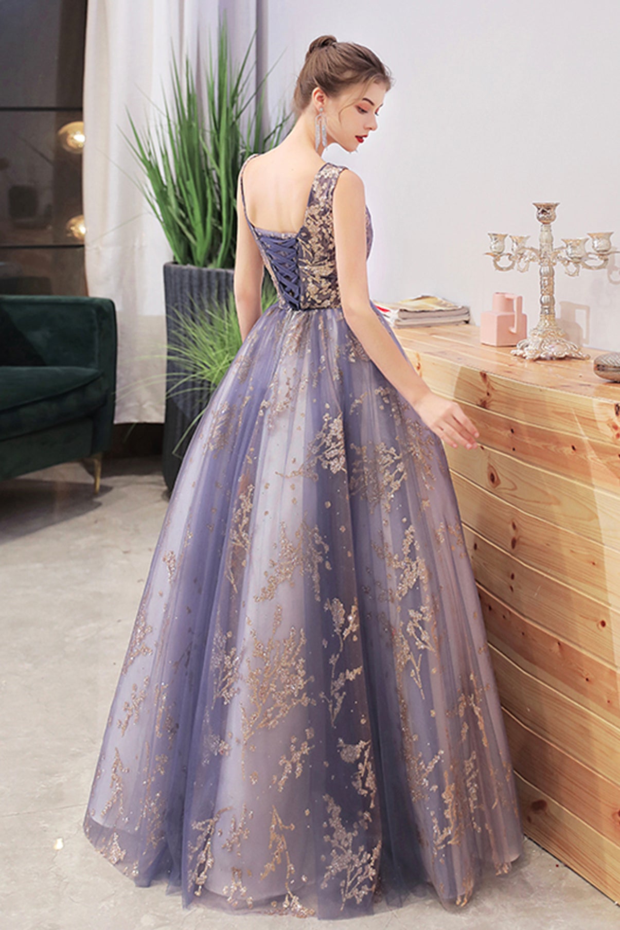 STYLISH V NECK TULLE SEQUINS LONG BALL GOWN PROM DRESS cg21312