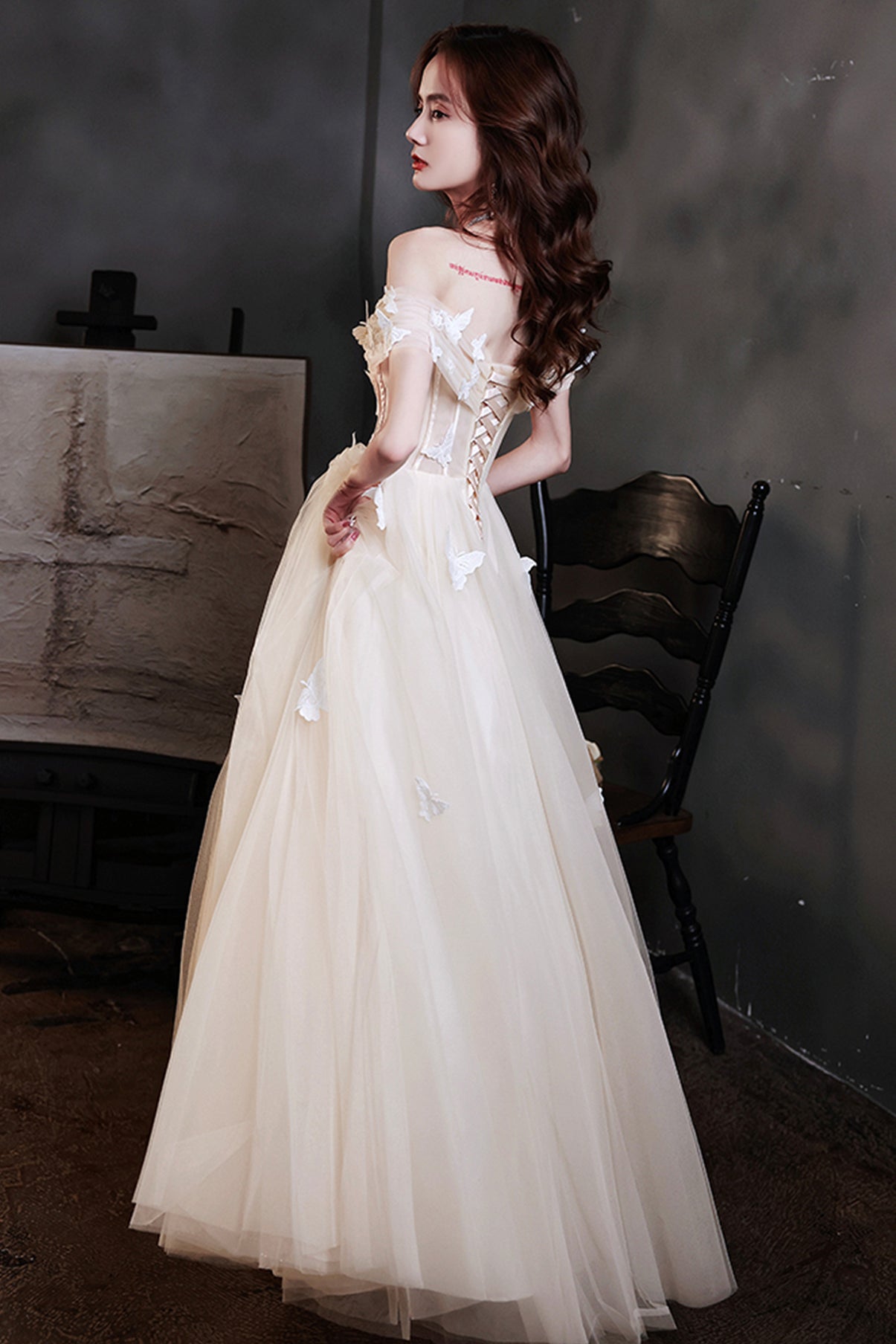 CHAMPAGNE TULLE LONG A LINE PROM DRESS EVENING DRESS cg21314