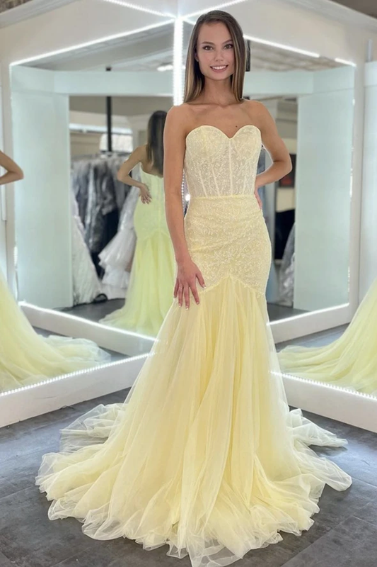 Gelbes langes Ballkleid mit Tüll-Pailletten, gelbes Abendkleid cg21317