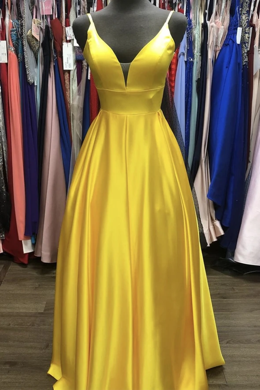Gelbes langes A-Linien-Ballkleid aus Satin, gelbes Abendkleid, cg21326