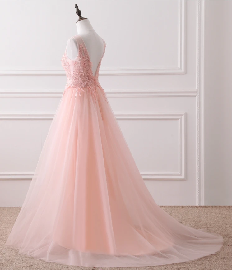 Rosa Tüll Langes Abendkleid mit runder Spitzenapplikation, Rosa Tüll Junior-Ballkleid cg21327