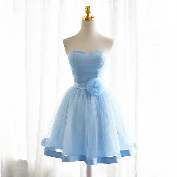 Light Blue Tulle Sweetheart With Bow Cute Party Dress, Blue Short Homecoming Dress cg21331