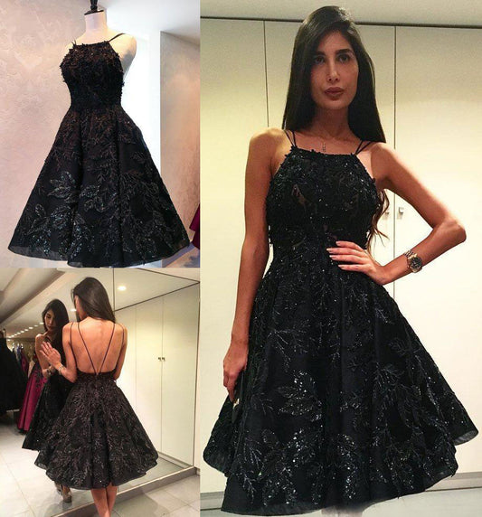 Black A Line Short Dress Halter Black Homecoming Dress    cg21345