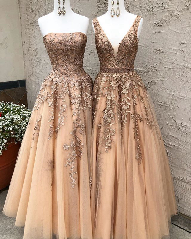 Langes Champagner-Ballkleid, sexy, V-Ausschnitt, trägerlos, A-Linie, Applikationen, formelle Partykleider, cg21353