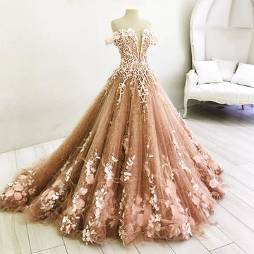 Langes Champagner-Abschlussballkleid mit Spitzenstickerei und schulterfreiem Tüll-Ballkleid, Brautkleider cg21354
