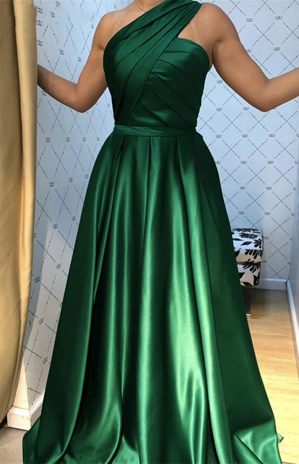 One Shoulder A Line Satin Emerald Green Formal Evening Dress,Prom Party Long Gown cg21357