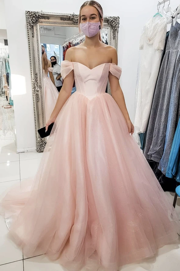 Pink tulle long A line prom dress pink evening dress cg21365